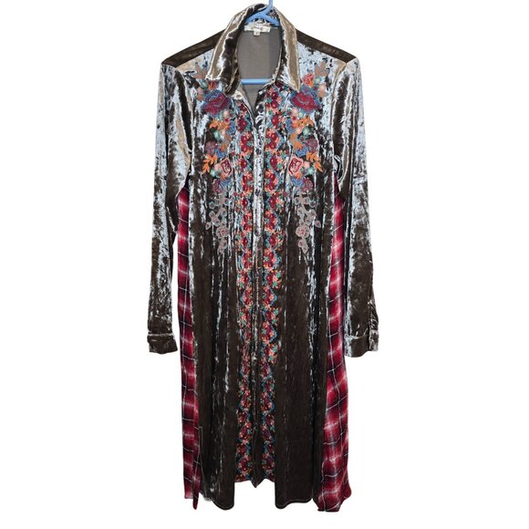 Andree By Unit Velvet Plaid Embroidered Button Shirt Dress Tunic Boho L - Picture 3 of 8